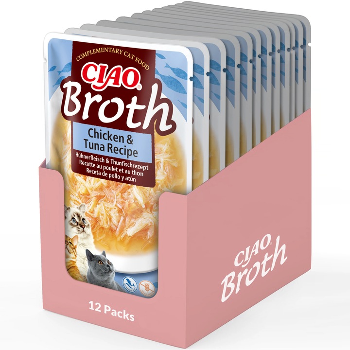 Hrana umeda pentru pisici CIAO Broth, Pui si Somon, 12 x 40g