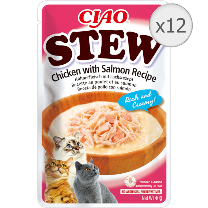 Hrana umeda pentru pisici CIAO Stew, Pui si Somon, 12 x 40g