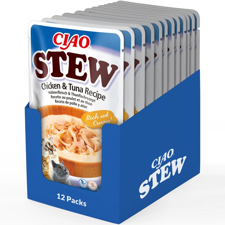 Hrana umeda pentru pisici CIAO Stew, Pui si Ton, 12x 40g