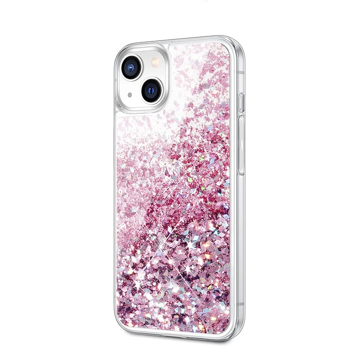 Husa compatibila cu iPhone 13 cu Apa si Sclipici, Lichid si Glitter, Fashion, Roz, PlanetPhone