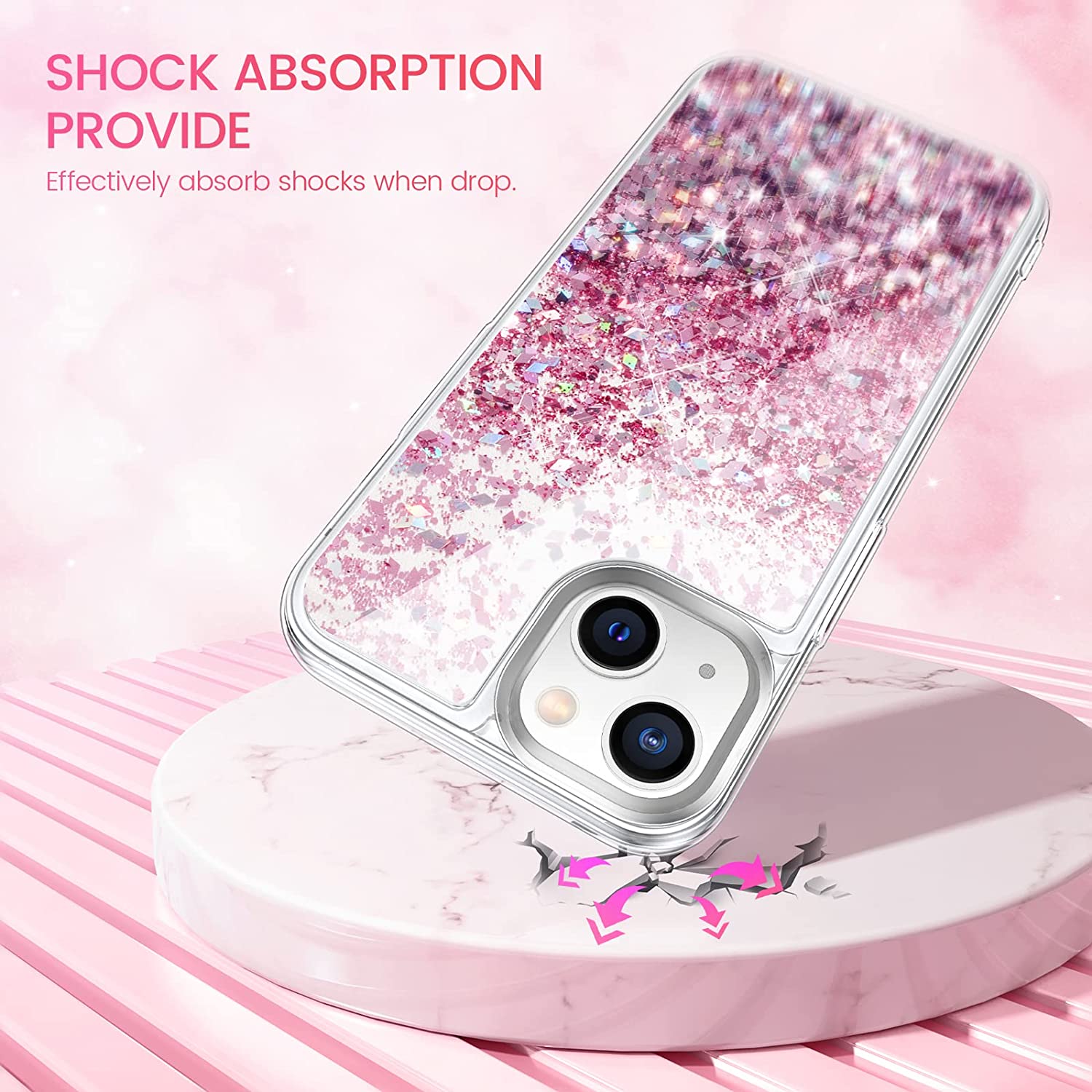 Husa compatibila cu iPhone 13 cu Apa si Sclipici, Lichid si Glitter, Fashion, Roz, PlanetPhone
