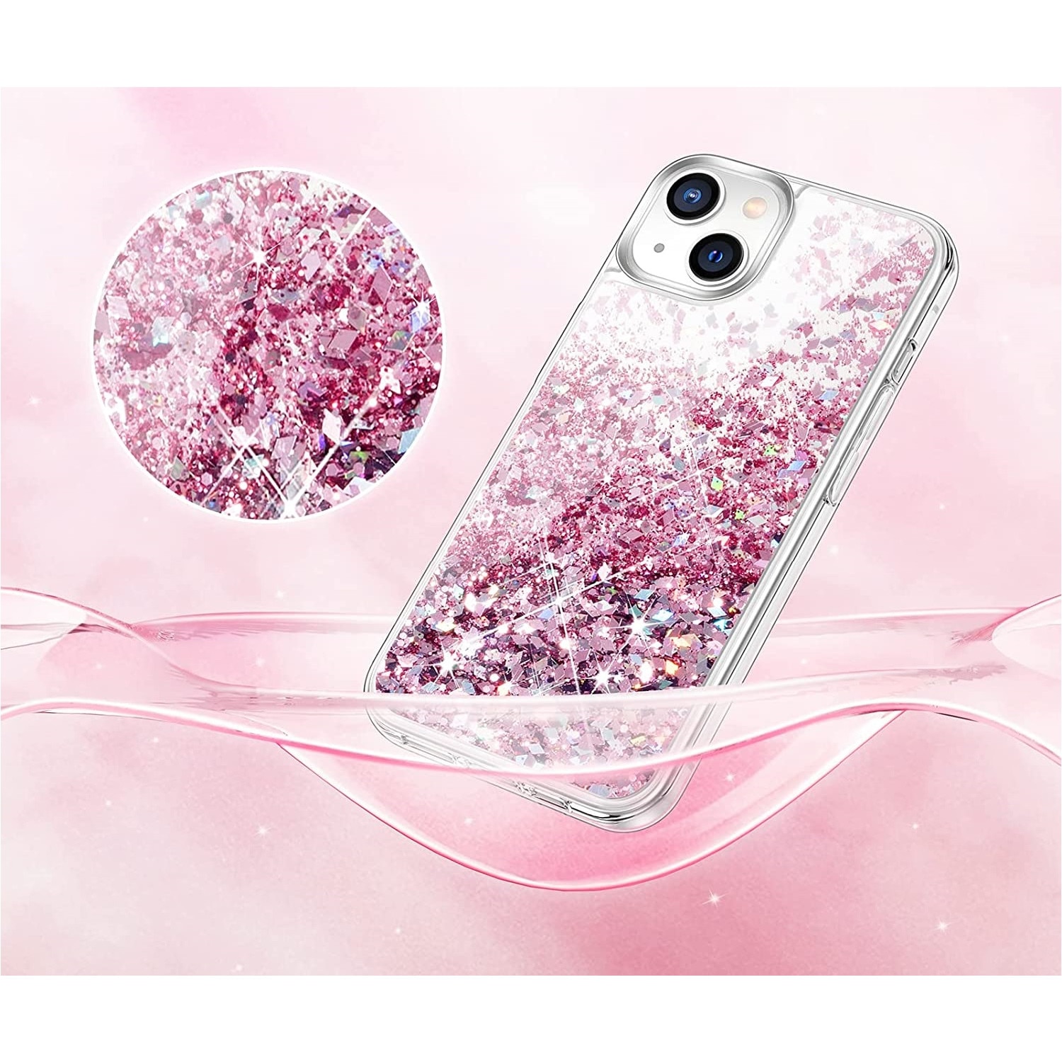 Husa compatibila cu iPhone 13 cu Apa si Sclipici, Lichid si Glitter, Fashion, Roz, PlanetPhone