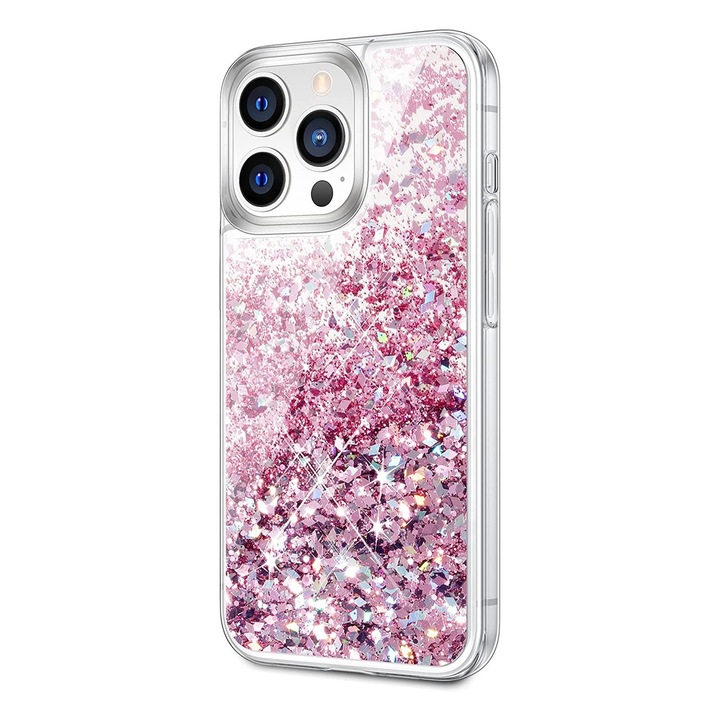 Husa compatibila cu iPhone 13 Pro Max cu Apa si Sclipici, Lichid si Glitter, Fashion, Roz, PlanetPhone