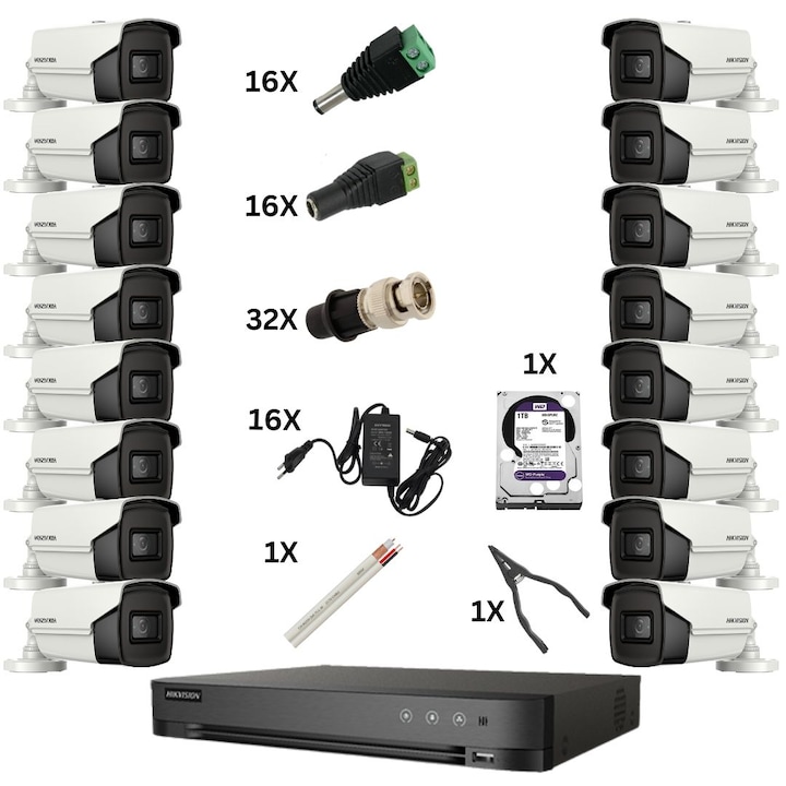 Kit Supraveghere 16 Camere 5MP (2K) Color Noaptea 30m Microfon exterior, 1920N, Complet + HDD2TB, acces mobil, noapte/zi, OOGIS™ K5MN16CC-20