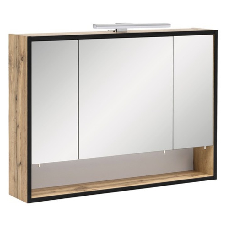 Dulap Baie cu Oglinda 800 Max, 3 Usi, 1 Polita, Iluminare LED, PAL, 80x65,6 cm Stejar