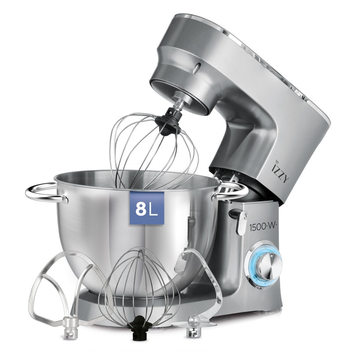 Robot de bucatarie Izzy, New Grey, 1500W, bol 8L inox, 6 setari de viteza, argintiu