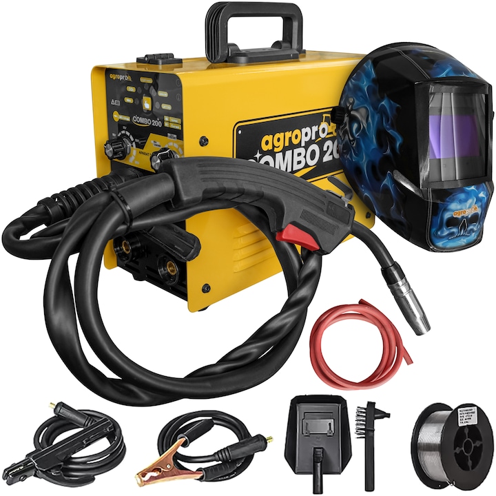 Aparat sudura AgroPro Combo 200, tip invertor, functie MIG-MMA-TIG, amperaj 160A, 220V, electrod 1.6-3.2mm, rola sarma 0.8mm 1Kg, masca sudura cu cristale lichide model KM8500, accesorii incluse