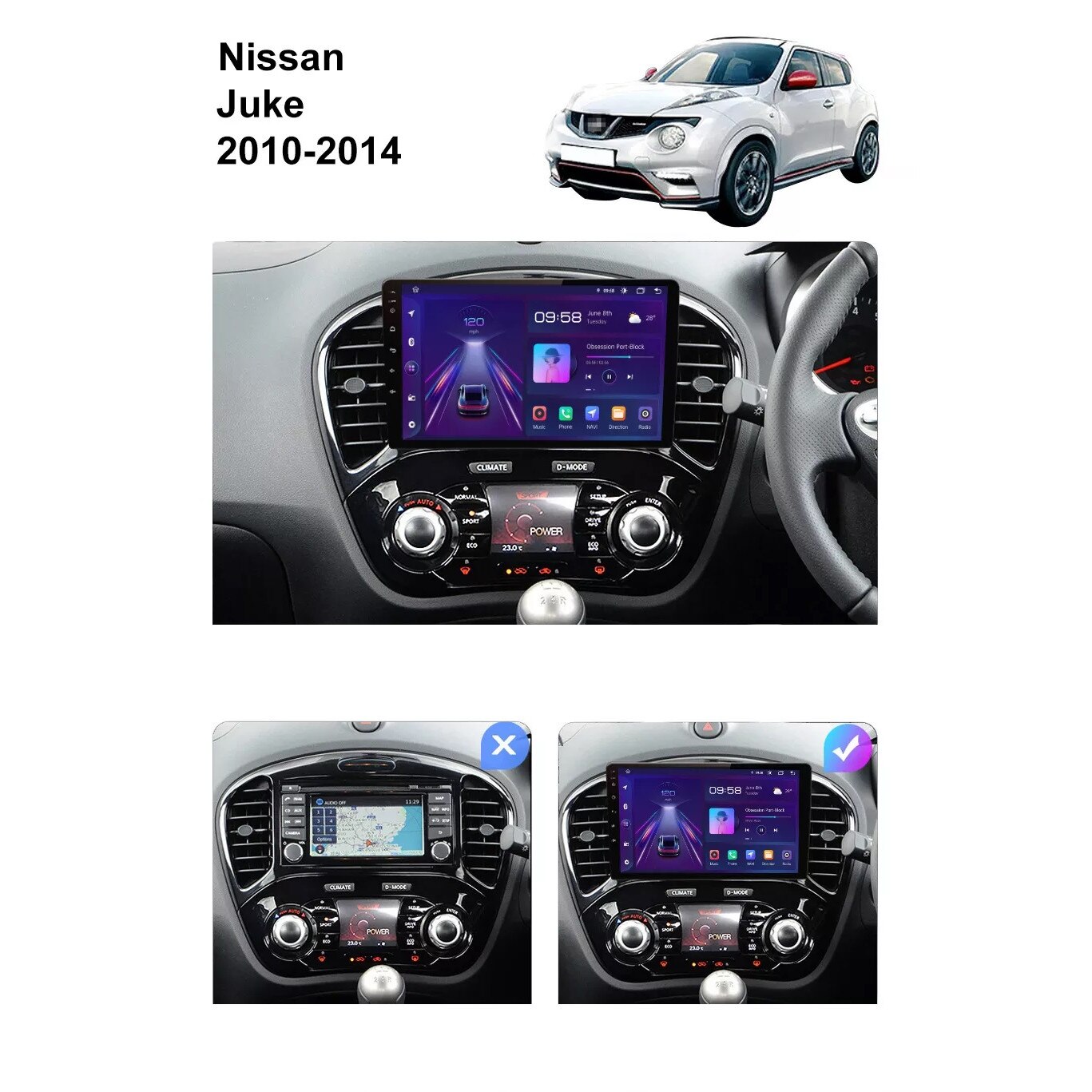 Roinvou Autoradio Android 15 Pour Nissan Juke & Infiniti ESQ - Écran 9'' In-Cell, Carplay & Android Auto Sans Fil, 4Go RAM + 64Go, GPS, Caméra De Recul Incluse