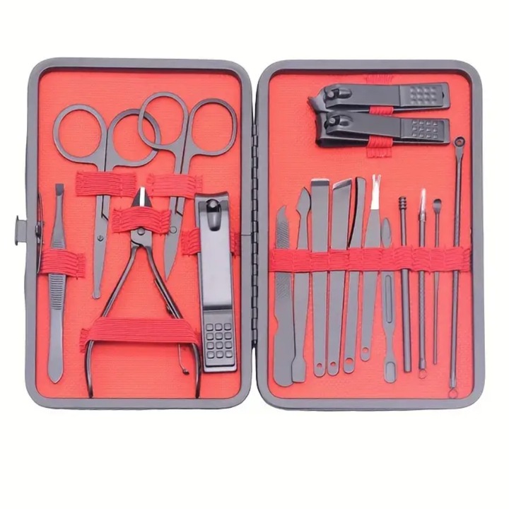 Trusa Profesionala de Manichiura Pedichiura, set de 15 piese din otel inoxidabil, durabil, usor de taiat, cu pila, foarfeca, unghiera, cleste cuticule, instrumente pentru indepartarea punctelor negre, Etui depozitare elegant, negru