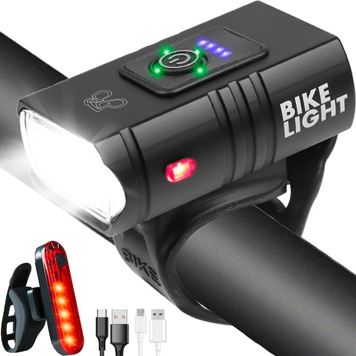 2 LED kerékpár lámpa készlet, fényszóró és hátsó lámpa, 1500 lumen, 6 + 4 világítási mód, IPX4 víz- és porálló, USB újratölthető 2400mAh akkumulátorral, fehér/piros