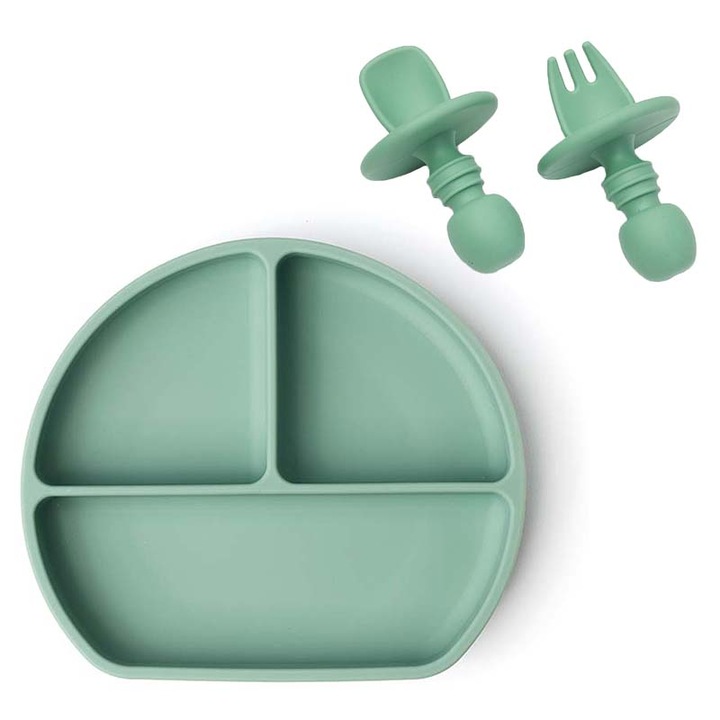 Dodoli szilikon diverzifikációs készlet babáknak, rekeszes tányérral és edzőevőeszközökkel, zöld