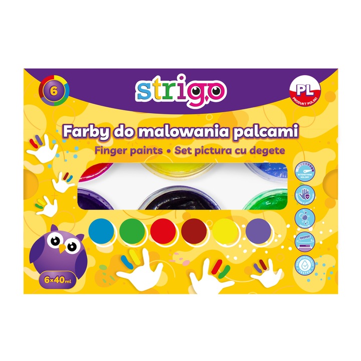 Комплект миещи се бои за рисуване с пръсти Strigo 6 цвята