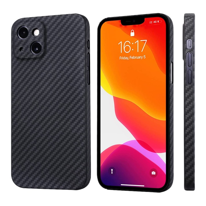 Husa Joyshell cu textura fibra de carbon pentru iPhone 15 Plus, Protectie Antisoc, Camera Ultra Safe, Negru