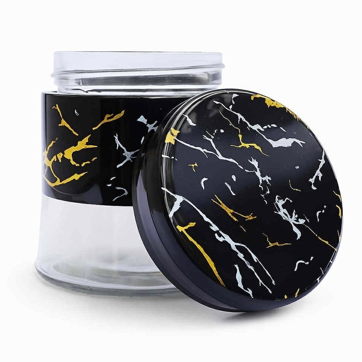 Recipient din sticla Pufo Fancy pentru zahar, cafea, ceai sau condimente, cu capac ermetic, 400 ml, negru