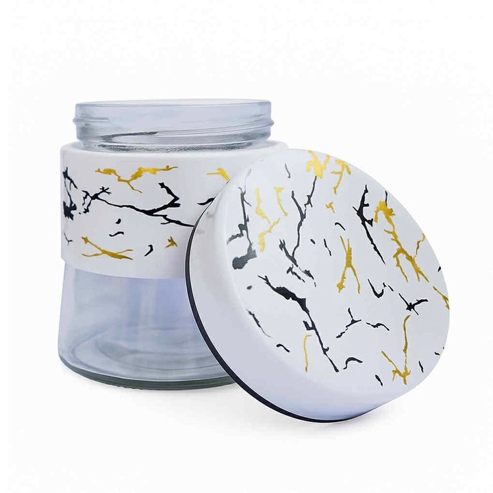 Recipient din sticla Pufo Fancy pentru zahar, cafea, ceai sau condimente, cu capac ermetic, 400 ml, alb