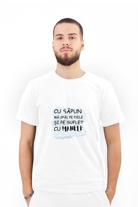 Tricou pentru barbati personalizat cu mesaj text Cu sapun ma spal, Bumbac, Alb, 3XL