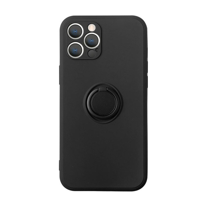 Husa de protectie pentru Apple iPhone 14 Pro, Rezistenta la socuri, Protectie camera, Cu inel de prindere metalic, Negru