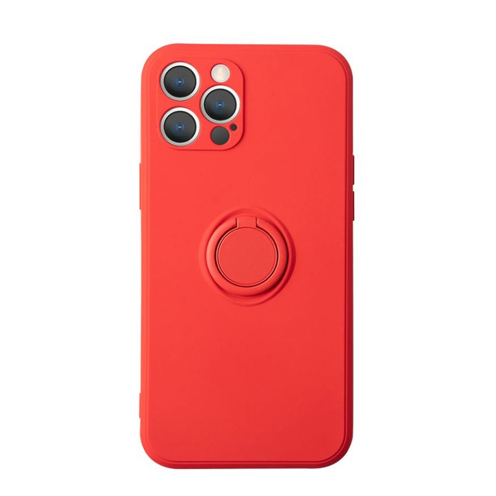 Husa de protectie pentru Apple iPhone 14 Pro, Rezistenta la socuri, Protectie camera, Cu inel de prindere metalic, Rosu