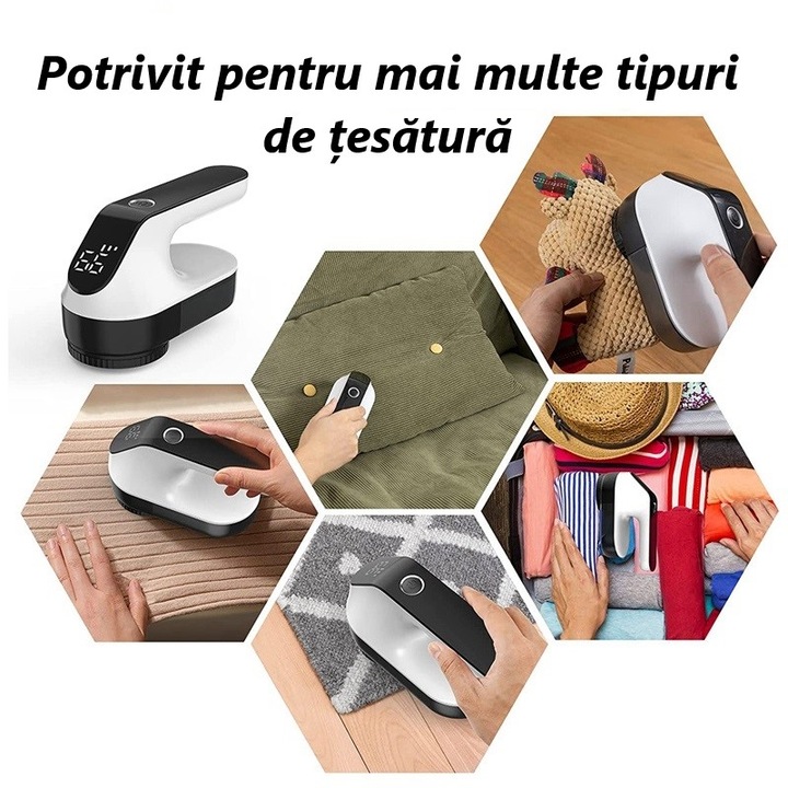 Aparat electric pentru indepartarea scamelor, Lucmark, Acumulator, Portabil, 9000 rpm, Alb-negru