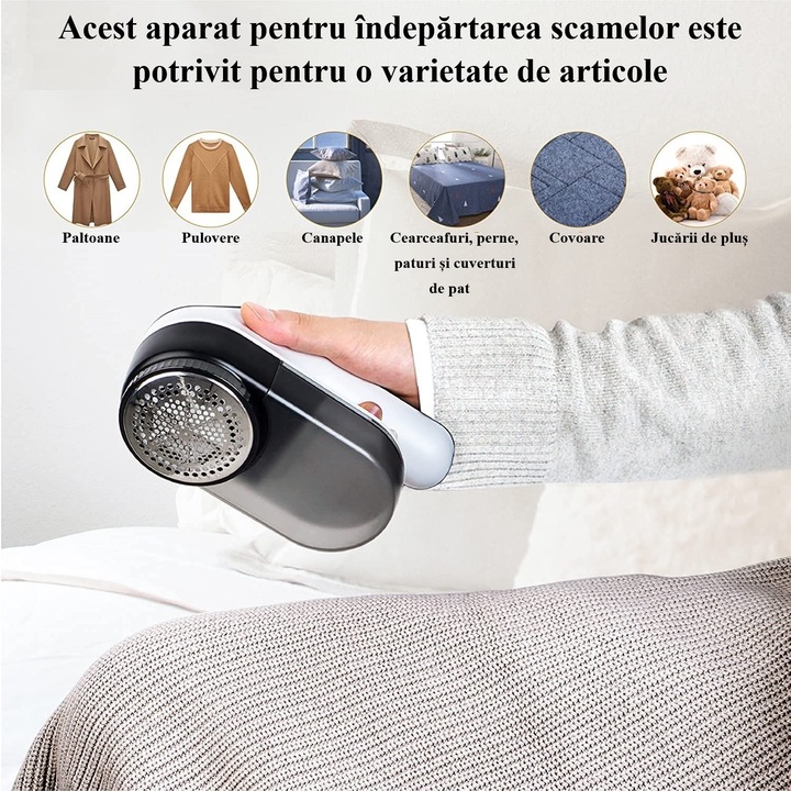 Aparat electric pentru indepartarea scamelor, Lucmark, Acumulator, Portabil, 9000 rpm, Alb-negru