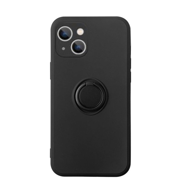Husa de protectie pentru Apple iPhone 14 Plus, Rezistenta la socuri, Protectie camera, Cu inel de prindere metalic, Negru