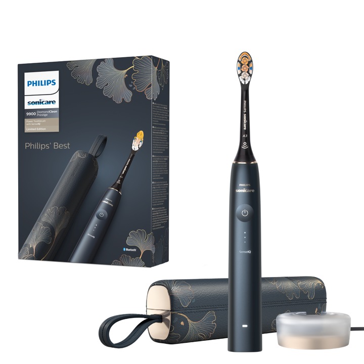 Електрическа звукова четка за зъби Philips Prestige 9900 HX9992/42, 62000 осцилации/минута, Технология SenseIQ, Приложение Sonicare с изкуствен интелект, Wireless Bluetooth, Вградени сензори, 5 персонализирани режима, 1 накрайник, Син