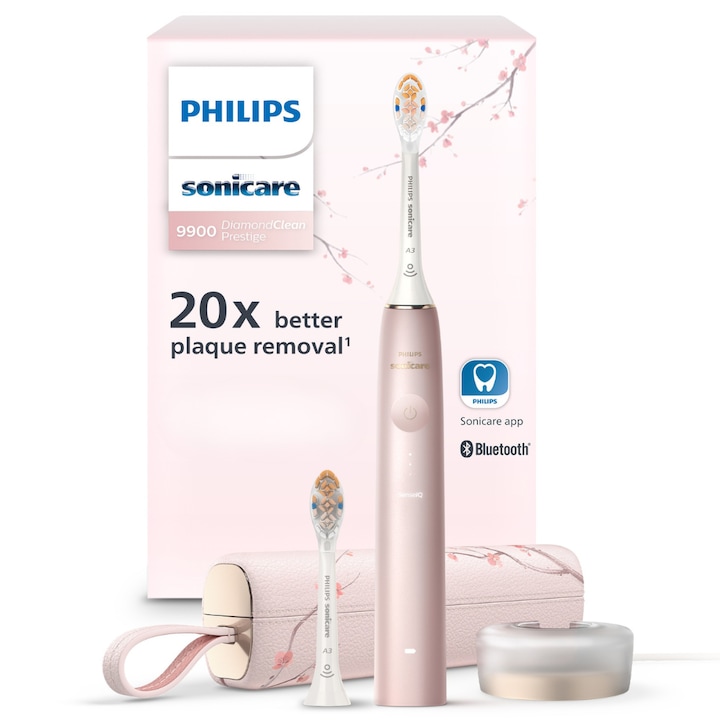 Periuta electrica sonica Philips Prestige 9900 HX9992/31, 62000 miscari/minut, tehnologie SenseIQ, aplicatie Sonicare cu inteligenta artificiala, wireless Bluetooth, senzori, 5 moduri personalizabile, 1 cap de periere, toc de incarcare USB, Roz