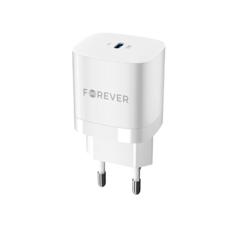 Hálózati töltőfej, adapter, USB-C (Type-C) port, gyorstöltő, GaN technológia, fehér, QC PD 33W, Forever TC-05