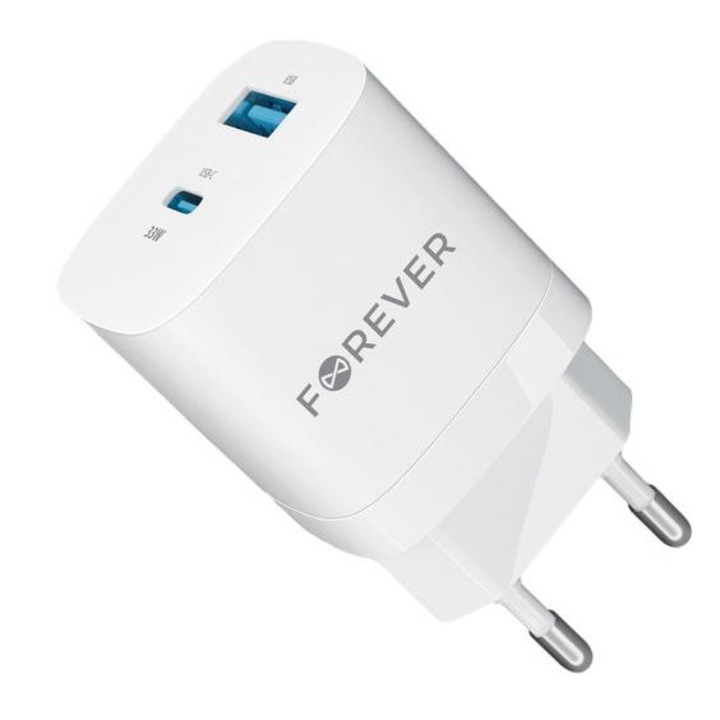 Fali töltő, Forever, 1x USB-C + 1x USB, 33 W, Fehér