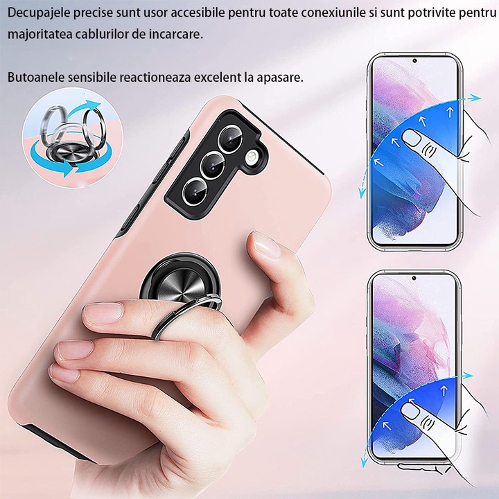 Husa de Protectie, Vaxiuja, PC / TPU, Pentru Samsung Galaxy S22, Protectie completa la 360°, Cu inel, Atractie magnetica, Prevent cell phone from falling, Roz
