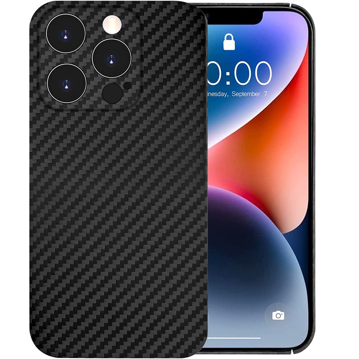 Husa Daden® din fibra de aramida/Kevlar pentru iPhone 14 Pro, MagSafe Integrat, Protectie Antisoc, Camera Ultra Safe, Negru