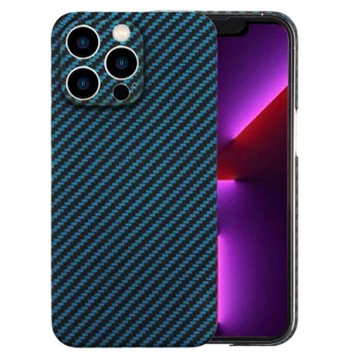 Husa Daden® din fibra de aramida/Kevlar pentru iPhone 14 Pro Max, MagSafe Integrat, Protectie Antisoc, Camera Ultra Safe, Albastru