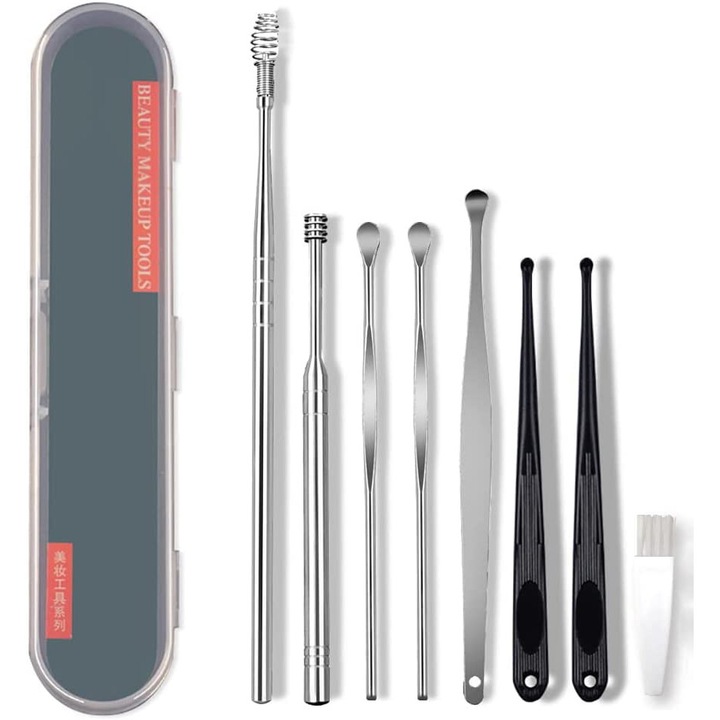 Kit curatare urechi, Otel inoxidabil/ABS/Fibra, 8 Piese, Multicolor