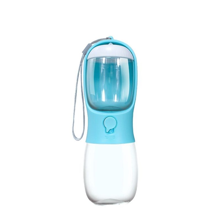 Sticla Portabila Pentru Hrana Si Apa, Korbi, 10.5x10 cm, Albastru/Transparent, Material Abs, Capacitate Rezervor Apa 280 Ml, Capacitate Recipient Hrana 100 G, Design Transparent Pentru Controlul Nivelului Apei