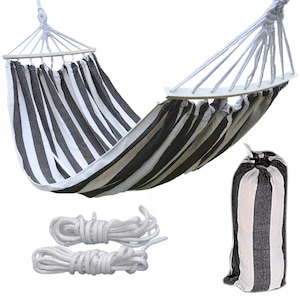 Set Hamac Cu Suport, Sfori De Prindere, Husa, 270x150x60 cm, Material Stofa, Capacitate De Incarcare Pana La 200 kg, Posibilitate De Spalare Manuala Sau La Masina, Lungimea Suportului 60 cm, Albastru-Bej