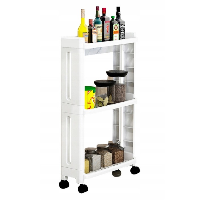 Etajera Cu 3 Polite, Mobil, Depozit, 64.8x40x14.6 cm, Bucatarie, Baie, Pe Roti, ABS, Alb