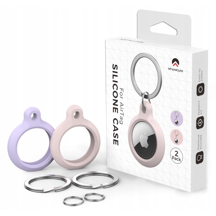 Inel Cheie Airtag, TPU, Carcasa De Protectie, Compatibil Cu Apple Airtag, Set De 2, Roz Si Violet