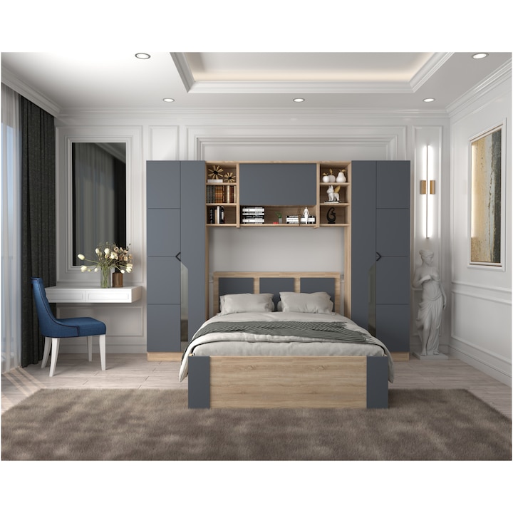 Комплект мебели за спалня Kring Mary, 270x40x203, Легло 140x200, Сонома/Графит