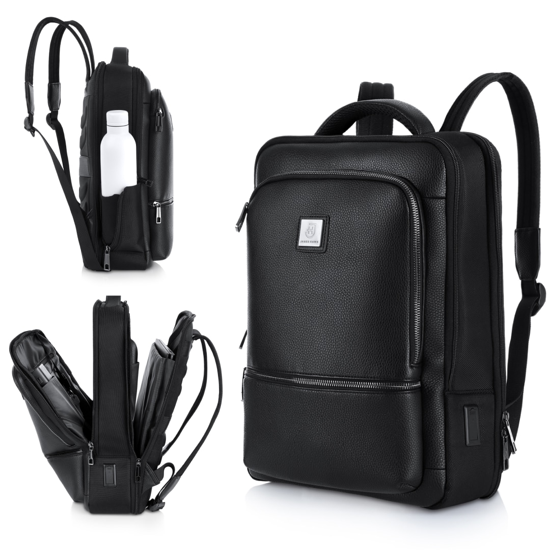 Rucsac pentru laptop, James Hawk, Nylon/Piele ecologica, Protectie RFID, Port USB/MicroUSB, 43 x 30 x 17cm, Negru