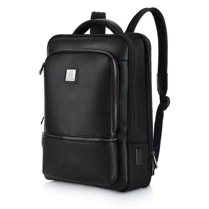 Rucsac pentru laptop, James Hawk, Nylon/Piele ecologica, Protectie RFID, Port USB/MicroUSB, 43 x 30 x 17cm, Negru
