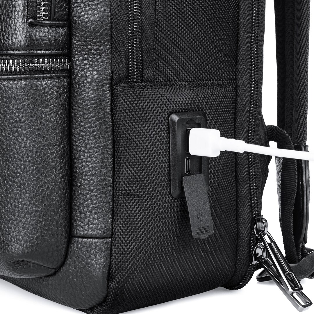 Rucsac pentru laptop, James Hawk, Nylon/Piele ecologica, Protectie RFID, Port USB/MicroUSB, 43 x 30 x 17cm, Negru