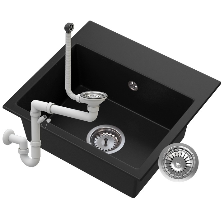 Мивка от черен гранит, с хромиран сифон