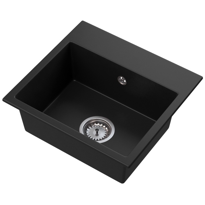 Pachet Chiuveta + Sifon, Granitan, Milos, 45 x 42 cm, Negru, Economiseste Spatiu, Orificiu Standard Pentru Baterie, Posibilitate De Conectare La Masina De Spalat Vase/Sprelare, Usor De Montat, Ideal Pentru Bucatarii Mici