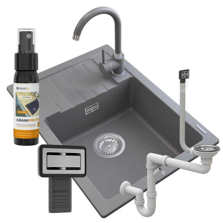 Set chiuveta/robinet/sifon, Granitan, Granit, 620x440 mm, Gri