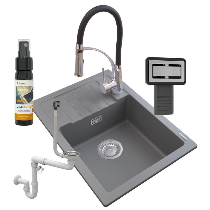 Set chiuveta bucatarie, Granitan, Granit, 620 x 440mm, Gri/Crom
