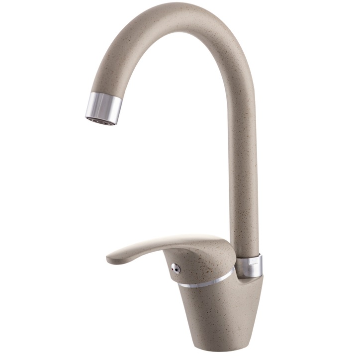 Baterie de bucatarie, Granitan, Rio, 27,5 cm, Cap ceramic, Duza rotativa 360`, Perlator inlocuibil m22, Strat rezistent la decolorare si temperaturi ridicate, Bej