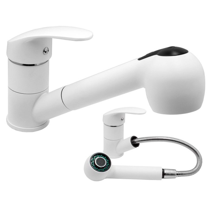 Смесител за кухня със свалящ се чучур бяла ръка