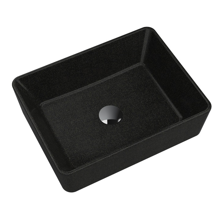 Lavoar pe blat Granitan, model Merano, granit, negru cu particule aurii, 370x480mm