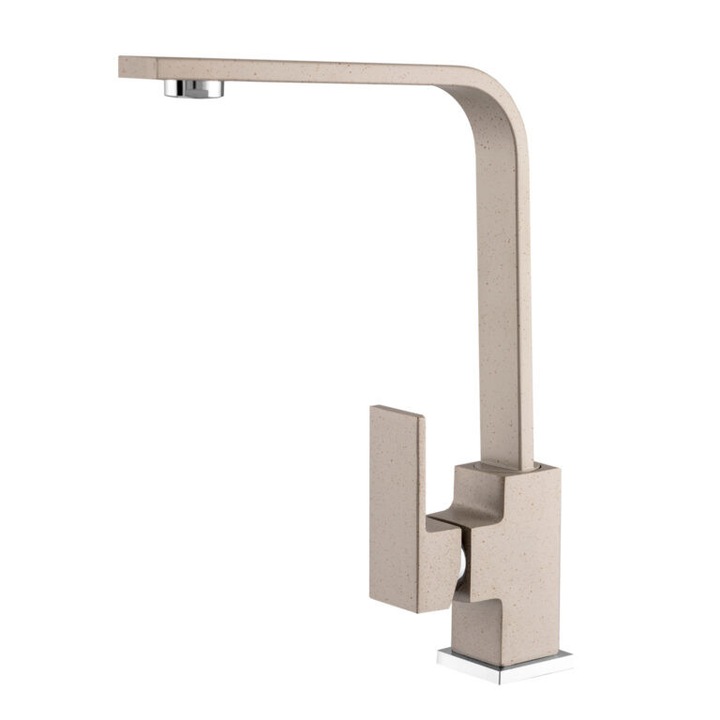 Set baterie de bucatarie cu accesorii, Granitan, 265 mm x 200 mm x 35 mm, Meses, Cap ceramic, Dus rotativ 360°, Acoperire rezistenta la decolorare si temperaturi ridicate, Bej, 2 racorduri flexibile + sistem de prindere