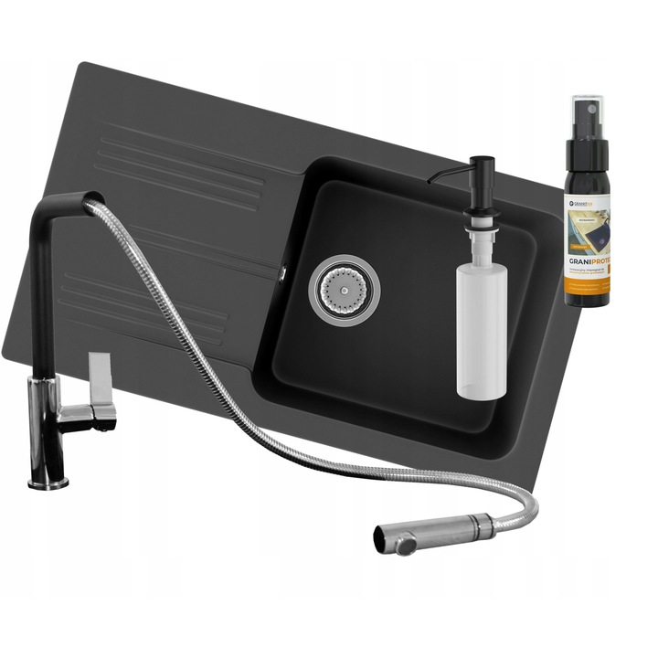 Комплект кухненска мивка Ada + Смесител Snake, Granitan, Композитен гранит, 775x435 мм, Дълбочина 160 мм, Монтаж на плот, Десен, Черен